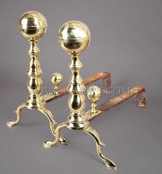 Brass Andirons, Ball Top, Log Stops, Spurred Cabriole Legs, Slipper Feet, Tools
Probably Boston
Circa 1810, entire view